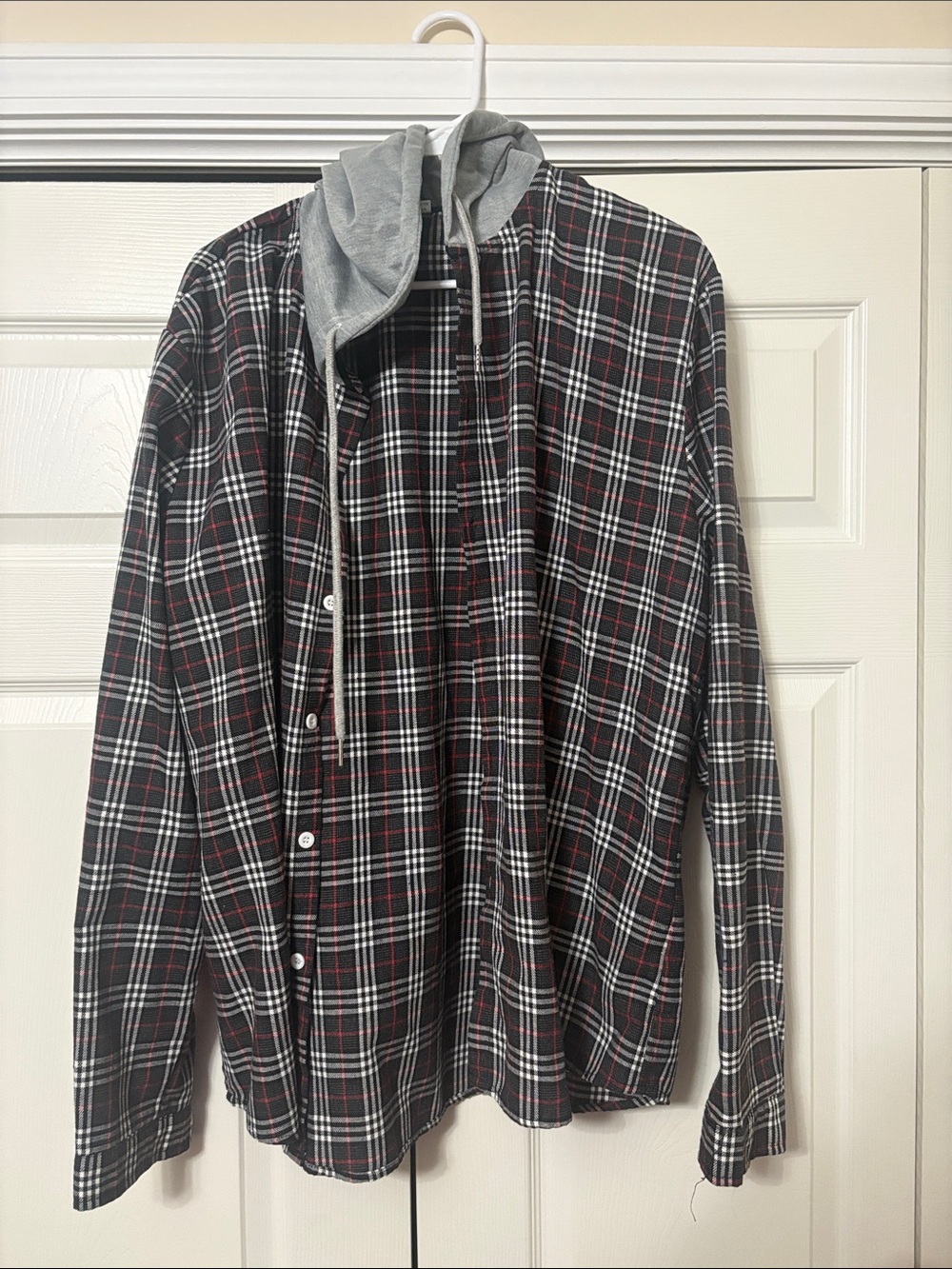 Men's Black Plaid Button-Down Shirt Jacket with Gray Hood